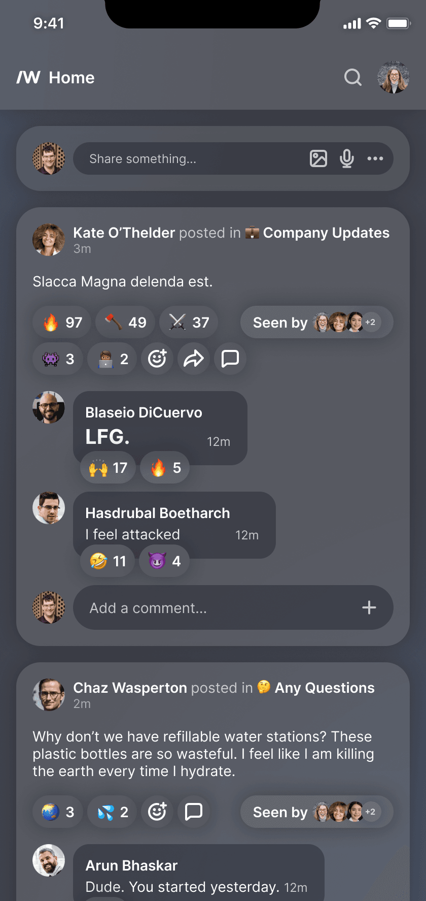 A dark mode screenshot of the Slashwork communication app being used by a team of software developers