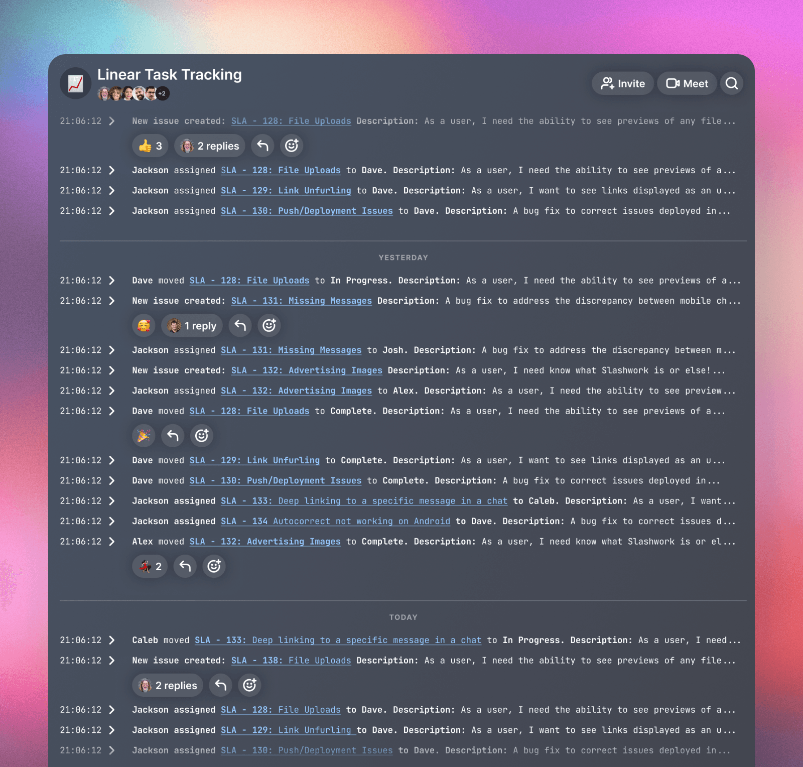 A screenshot of the channels section of Slashwork showing a log of linear task tracking for the Slashwork team