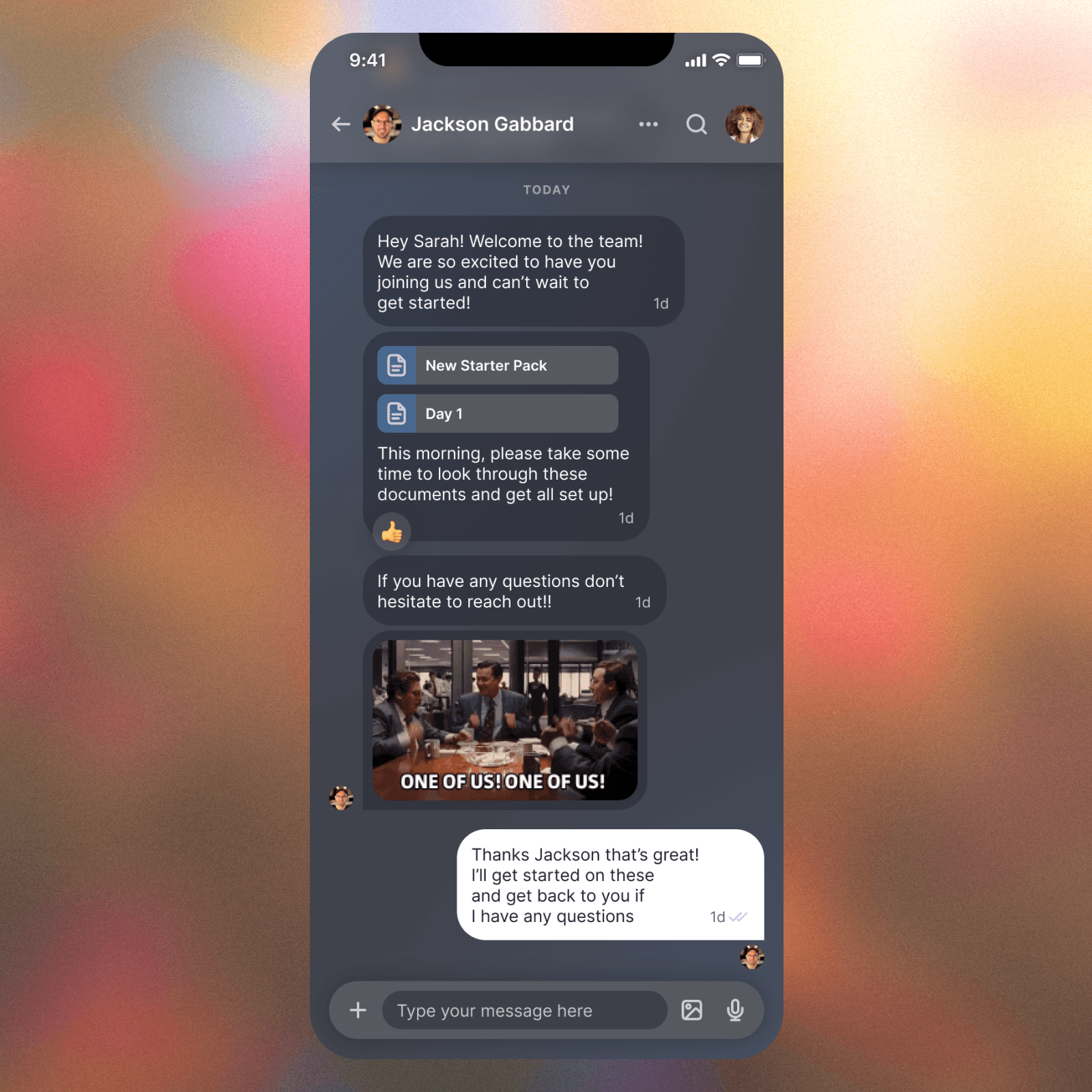A mobile screen of a chat with Jackson Gabbard and a new starter, where Jackson is giving the new starter documents and information