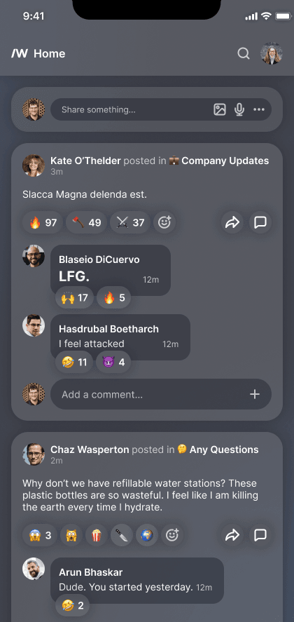 A dark mode screenshot of the Slashwork communication app being used by a team of software developers