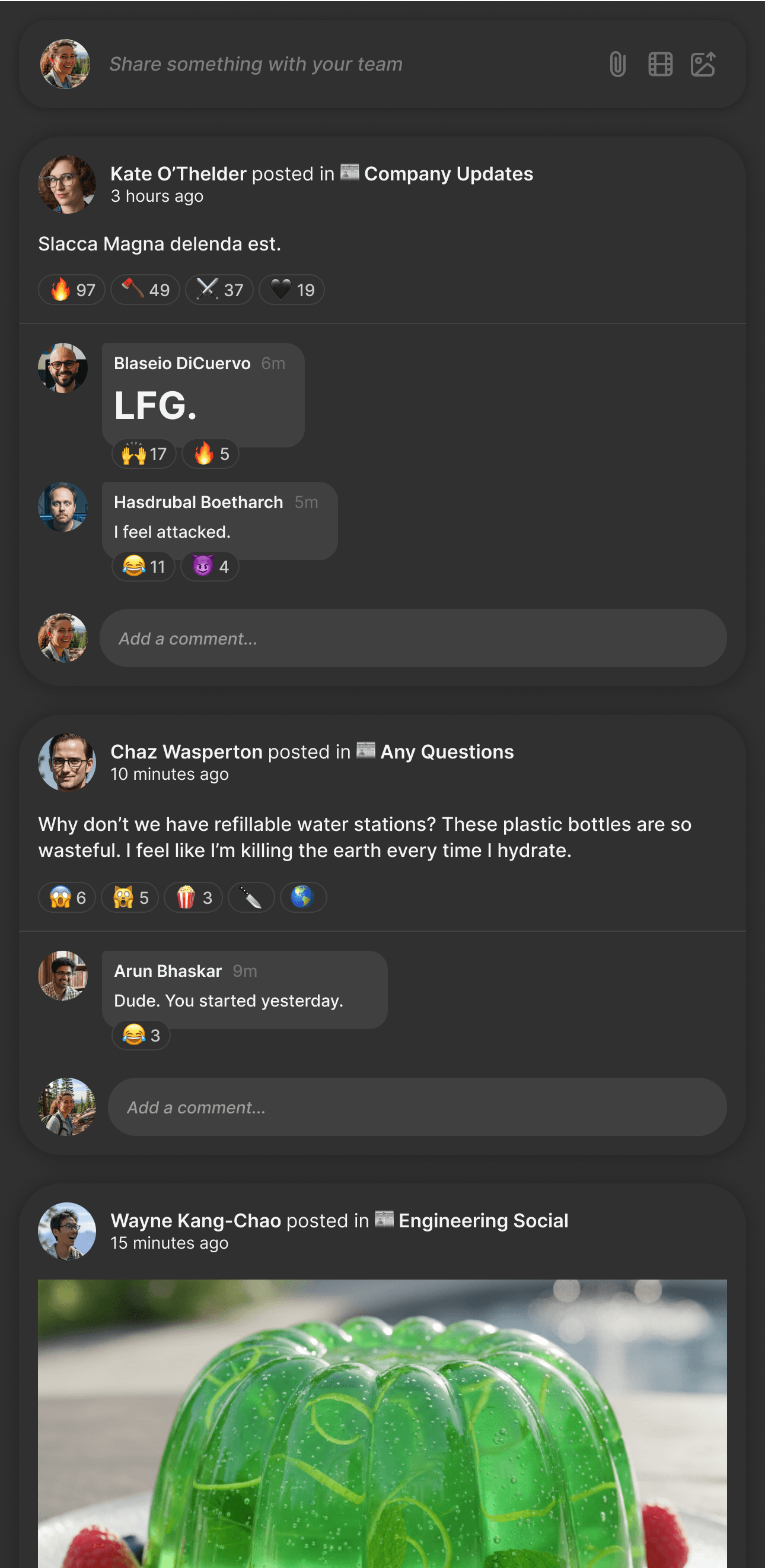 A dark mode screenshot of the Slashwork communication app being used by a team of software developers