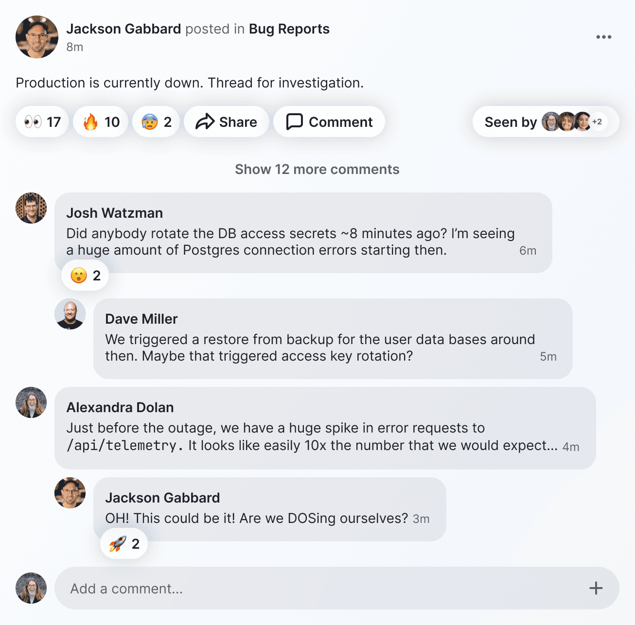A screenshot of an incident response conversation taking place on the Slashwork communication platform