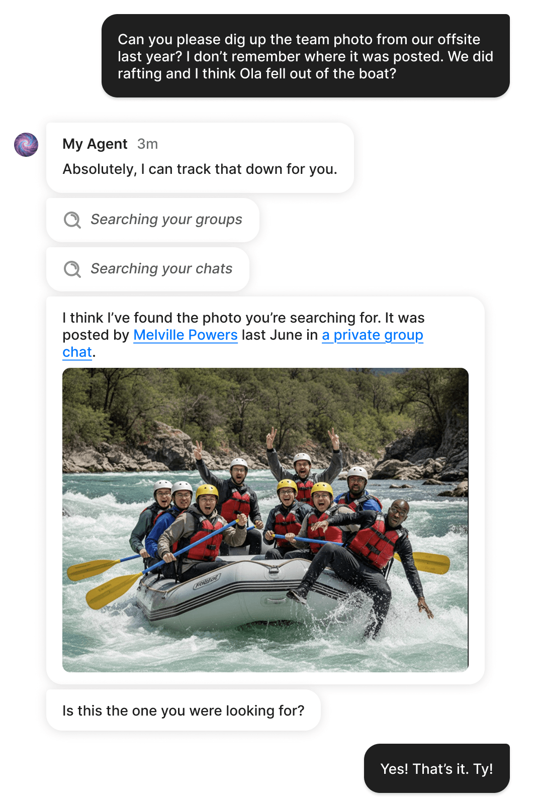 A screenshot of the Slashwork product, a Slack alternative, where the user's AI agent helps them find a photo.