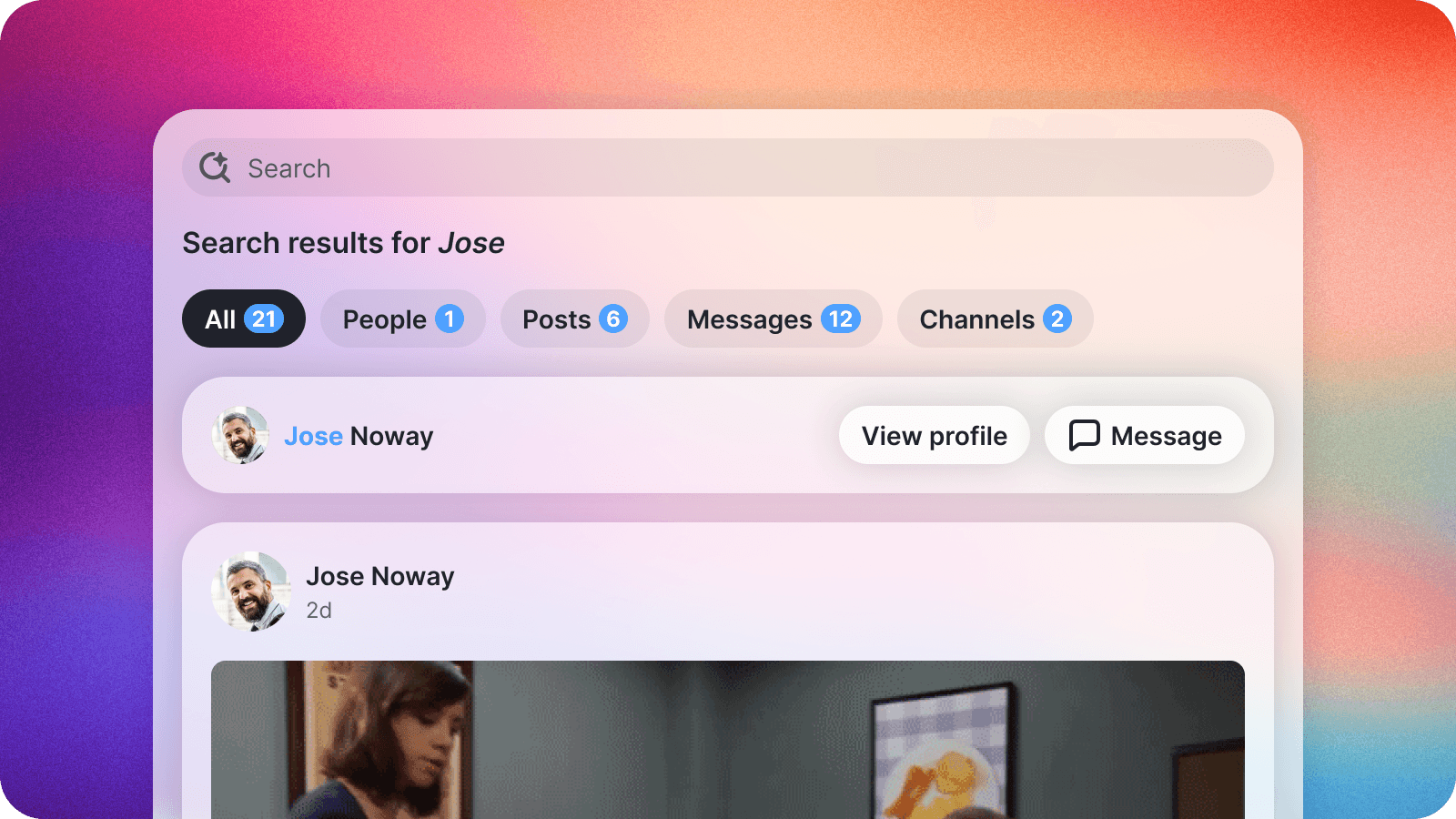 Slashwork's unified search, shown on a colourful background