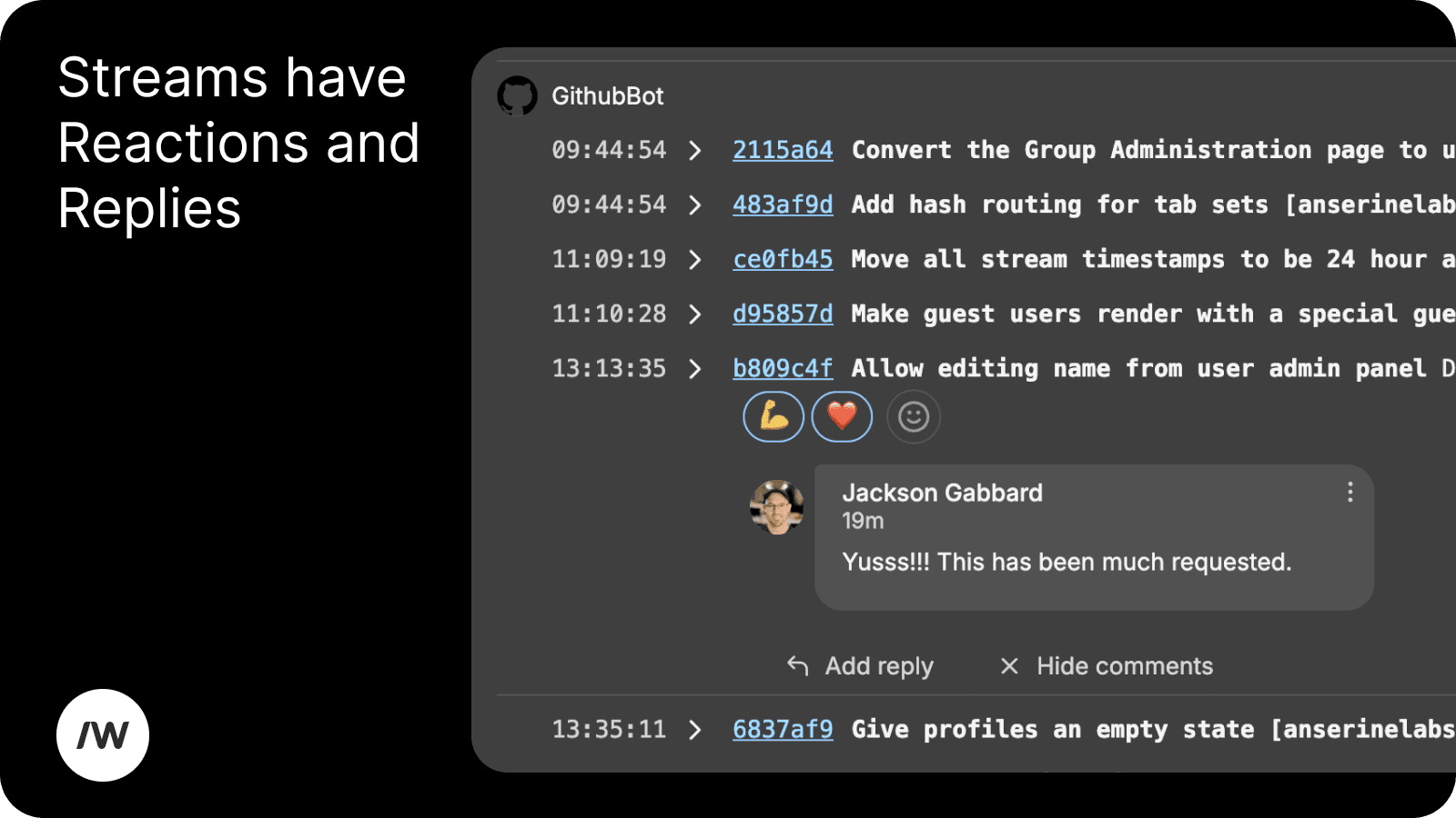 Slashwork streams now have reactions and replies