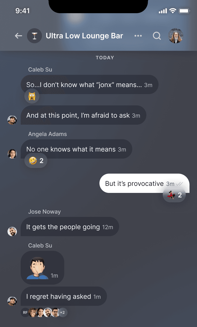 A dark mode screenshot of a chat conversation within the Slack alternative software Slashwork
