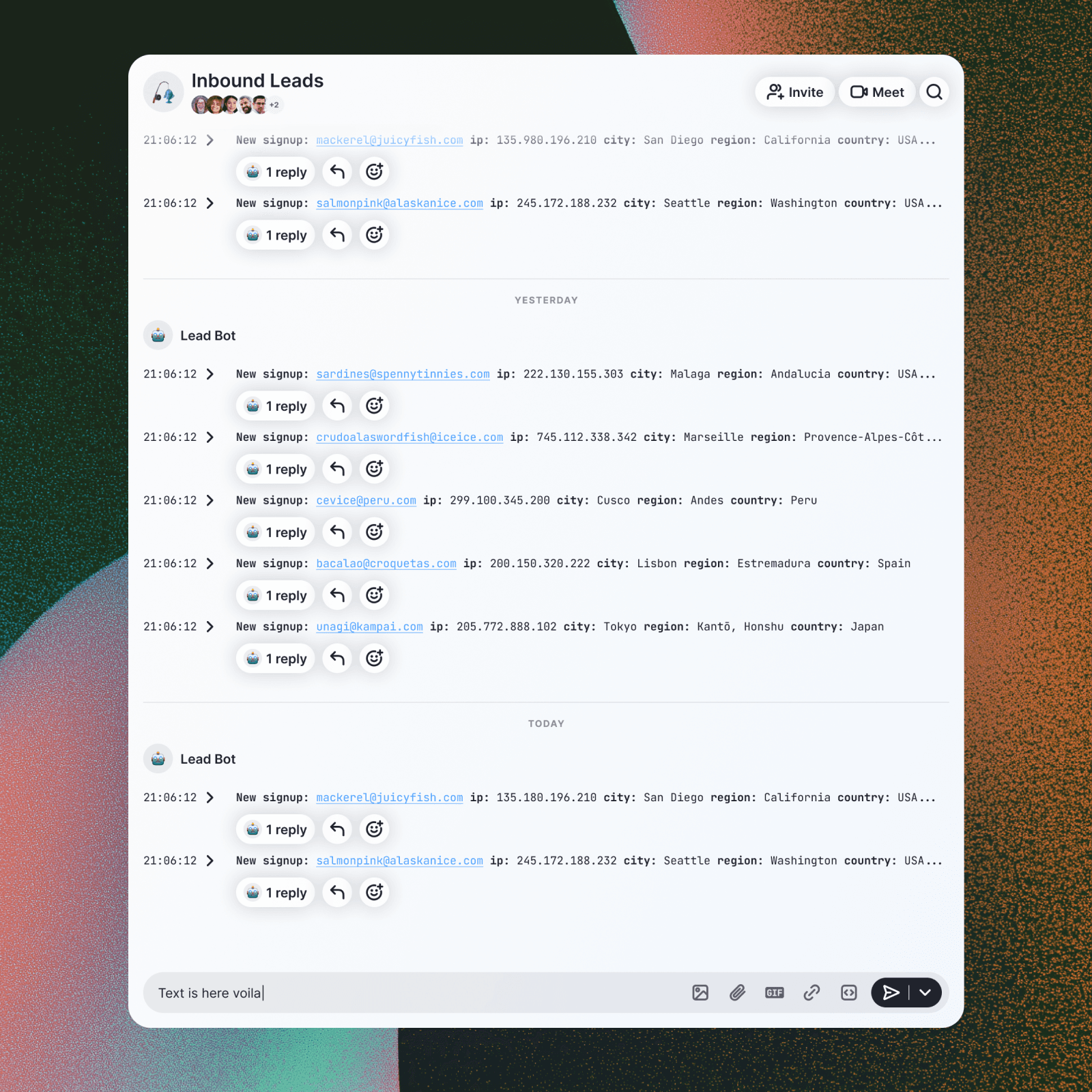 Channels log of inbound leads including new signup's email, ip, and location info