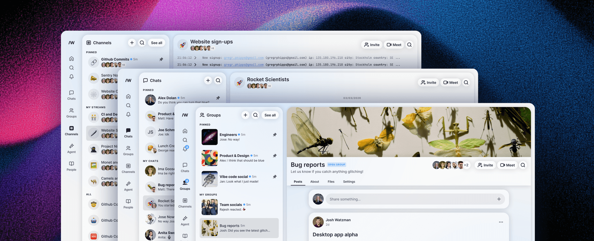 Screenshots of channels, chats, groups
