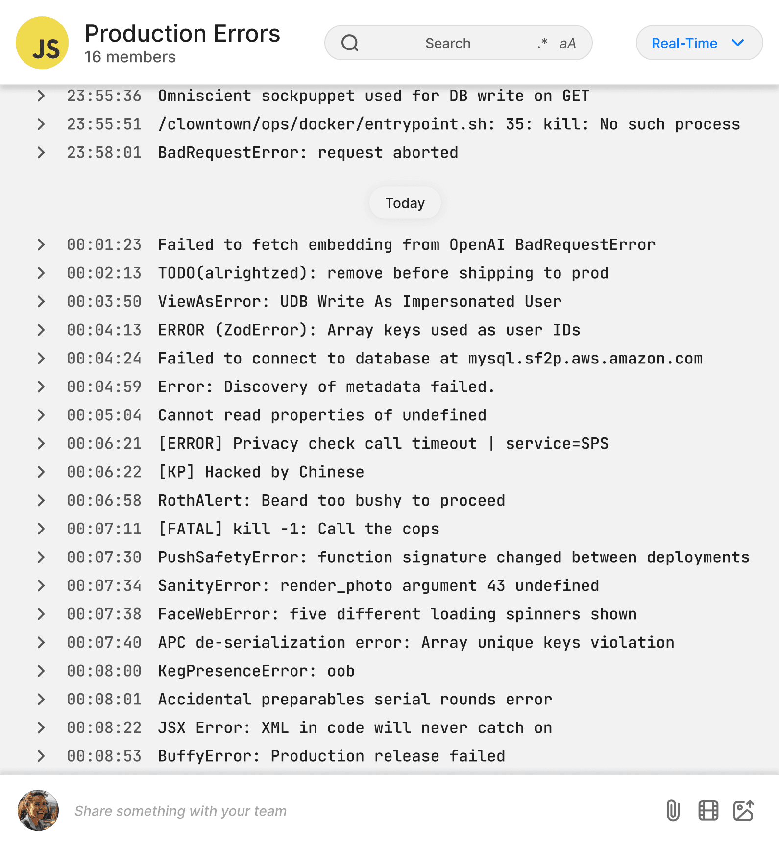 A product screenshot of the Slashwork log viewer UI