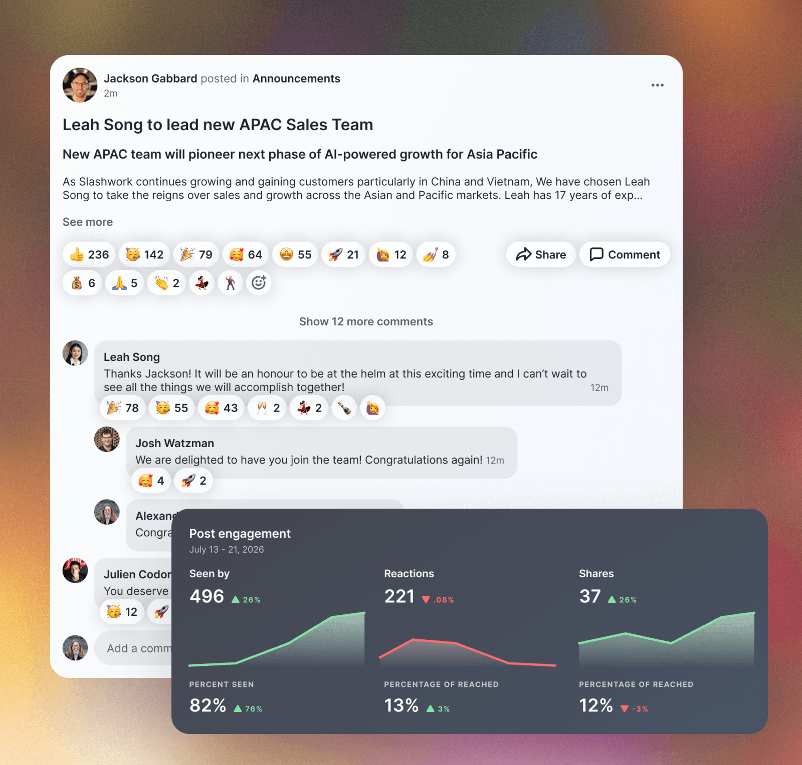 Group post from CEO Jackson Gabbard to Announcements about new APAC sales team led by Leah Song, and analytics on the post engagement
