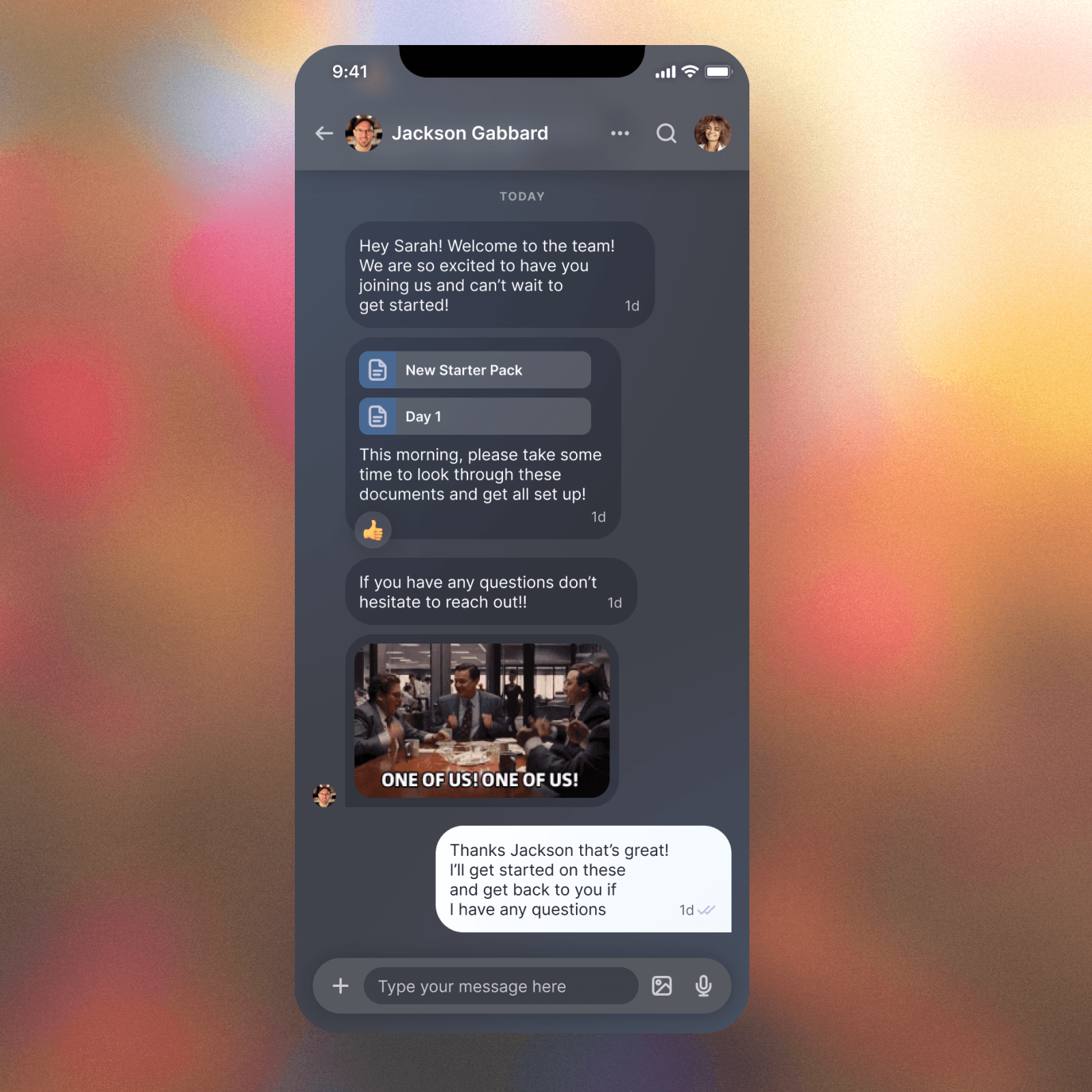 A mobile screen of a chat with Jackson Gabbard and a new starter, where Jackson is giving the new starter documents and information