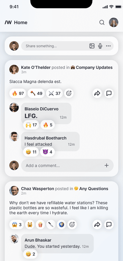A screenshot of the Slashwork communication app being used by a team of software developers