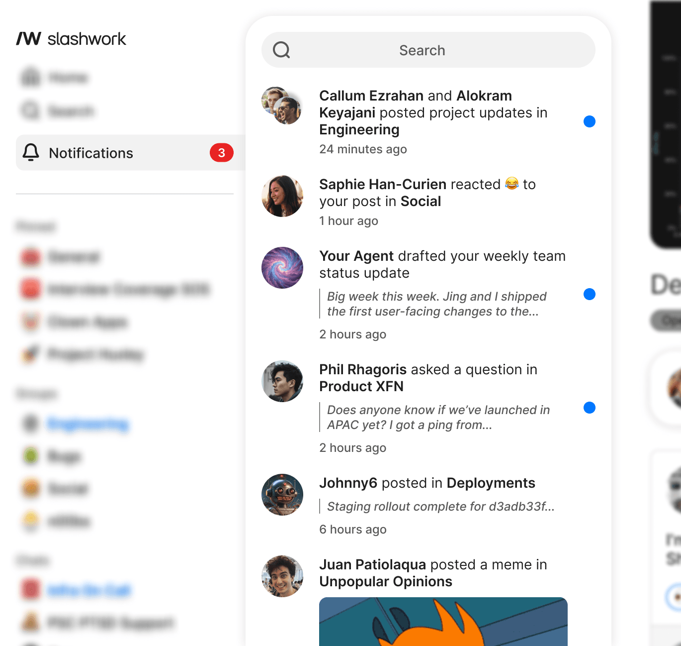 A screenshot of the Slashwork notifications UI