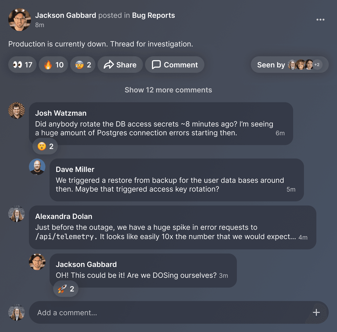 A dark-mode screenshot of an incident response conversation taking place on the Slashwork communication platform