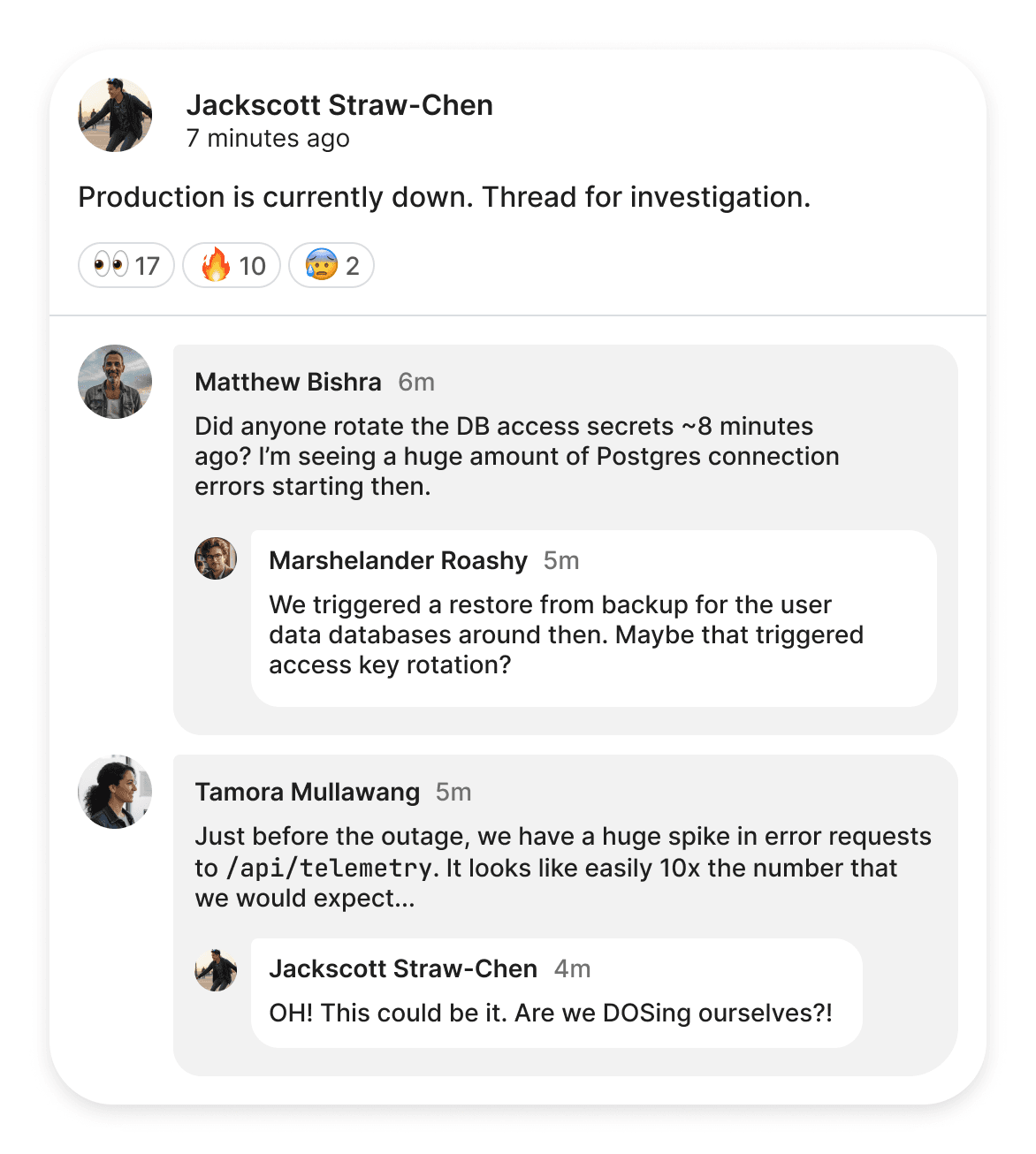 A screenshot of an incident response conversation taking place on the Slashwork communication platform